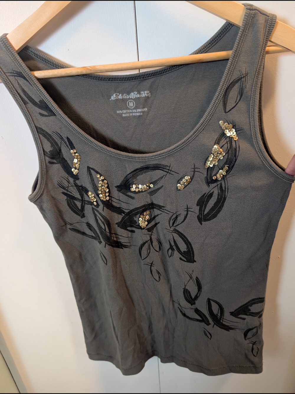 Eddie Bauer Gray/Green Tank with Gold Sequin Leaf Accents